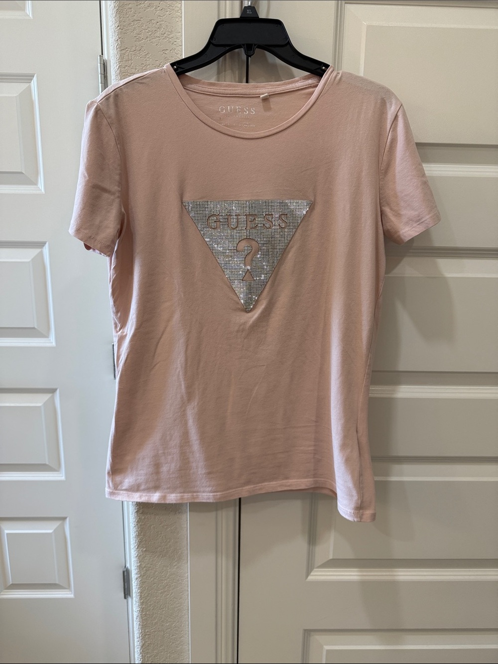GUESS Light Pink Sequin Triangle Logo Tee